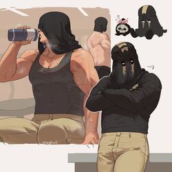  2boys artist_name back bad_id bad_twitter_id bara black_gloves black_shirt black_tank_top bottle bozo-chan brown_pants call_of_duty call_of_duty:_modern_warfare_2 chibi covered_face crossed_arms drinking ghost_(modern_warfare_2) gloves holding holding_bottle konig_(call_of_duty) large_pectorals male_focus mask multiple_boys muscular muscular_male pants pectoral_cleavage pectorals scar scar_on_arm shirt sitting sweat sweatdrop tank_top thighs tight_clothes tight_pants topless_male 