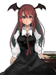  &gt;:) bat_wings black_dress blush book book_stack breasts collared_shirt commentary_request cowboy_shot dress dress_shirt female head_wings highres juliet_sleeves koakuma long_hair long_sleeves looking_at_viewer medium_breasts necktie pinafore_dress puffy_sleeves red_eyes red_hair red_necktie shirt shirt_under_dress simple_background sleeveless sleeveless_dress smile solo table takena-c touhou v-shaped_eyebrows white_background white_shirt wings 