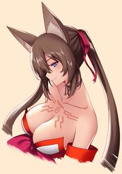  animal_ear_fluff animal_ears any_(trueblue) blue_eyes bow breasts brown_hair caleen_keemosn cleavage closed_mouth commentary_request female fox_ears hair_ribbon long_hair looking_at_viewer ribbon simple_background smile solo star_ocean star_ocean_anamnesis tattoo twintails upper_body 