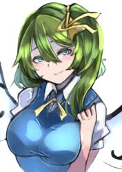  :d blue_eyes blue_vest blush bow breasts colored_eyelashes commentary daiyousei fairy_wings female green_hair hairbow hand_on_own_chest highres large_breasts looking_at_viewer neck_ribbon one-hour_drawing_challenge open_mouth ribbon shirt short_sleeves simple_background smile solo takena-c touhou upper_body vest white_background white_shirt wings yellow_bow yellow_ribbon 