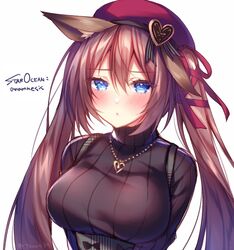  animal_ear_fluff animal_ears blue_eyes blush breasts brown_hair caleen_keemosn female fox_ears hat jewelry long_hair looking_at_viewer necklace simple_background solo sorai_shin&#039;ya star_ocean star_ocean_anamnesis turtleneck twintails upper_body white_background 