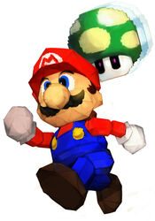  1-up_mushroom 1boy 1up blue_eyes blue_overalls brown_footwear brown_hair facial_hair from_below full_body gloves hat hungry_clicker low_poly male_focus mario mario_(series) moustache mushroom overalls red_hat red_shirt running shirt shoes simple_background solo super_mario_64 white_background white_gloves 