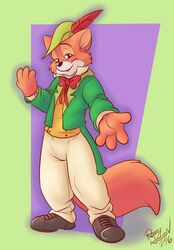  2016 4_fingers anthro bottomwear bow_tie bycocket canid canine classy clothed clothing disney fingers footwear fox fully_clothed fur green_background hat hat_feather headgear headwear hi_res jacket looking_at_viewer loose_feather male mammal orange_body orange_fur pants purple_background red_fox roarey_raccoon robin_hood robin_hood_(disney) shirt shoes signature simple_background smile smiling_at_viewer solo topwear true_fox 