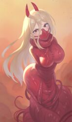  blonde_hair breasts chainsaw_man commentary_request cross-shaped_pupils female gagged hair_between_eyes highres horns long_hair looking_at_viewer orange_eyes power_(chainsaw_man) raftetram red_horns restrained solo sweatdrop symbol-shaped_pupils tentacle 