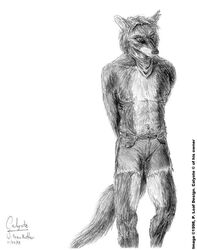  1998 anthro bottomwear canid canine canis clothing coyote cutoffs denim denim_bottomwear denim_clothing male mammal monochrome rhodin shorts solo 