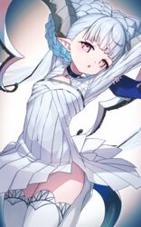  +_+ absurdres arm_behind_head arms_up braid breasts choker collarbone crown_braid curled_horns dress fate/grand_order fate/grand_order_arcade fate_(series) female grey_hair highres horns jewelry larva_tiamat_(fate) larva_tiamat_(first_ascension)_(fate) long_hair long_horns long_sleeves looking_at_viewer mosou_keito open_mouth pendant pink_eyes pointy_ears ribbed_dress small_breasts solo symbol-shaped_pupils tail thighhighs thighs tiamat_(fate) white_dress white_thighhighs 