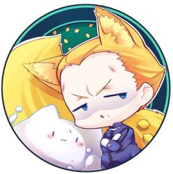  1boy :3 adalove animal_ears blonde_hair blue_eyes cat_ears chibi commentary_request extra_ears fate/zero fate_(series) food fox_ears fox_tail fruit kayneth_el-melloi_archibald kemonomimi_mode lemon lowres male_focus mercury_(element) photoshop_(medium) tail volumen_hydragyrum_(fate) 