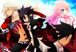  3boys artina_(disgaea) bad_id bad_pixiv_id black_hair blue_eyes cape chains claws clenched_teeth commentary_request copyright_name disgaea dual_persona female fenrich_(disgaea) gloves jacket light_smile long_hair makai_senki_disgaea_4 miyu_(matsunohara) multiple_boys pink_hair pointy_ears ponytail red_eyes smile teeth topless_male valvatorez_(disgaea) white_hair yellow_eyes 