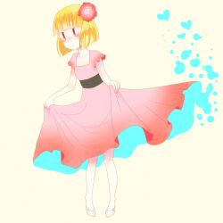  blush commentary_request dress female flower hair_flower hair_ornament heart mado_(view85) nichijou sekiguchi_yuria short_hair skirt_hold solo 