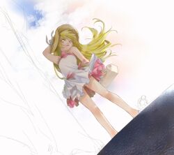  blonde_hair commentary_request dress dutch_angle female hat legs long_hair long_legs monogatari_(series) nasuo224 nisemonogatari oshino_shinobu solo sun_hat yellow_eyes 