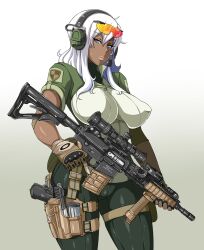  airsoft aqua_eyes breasts commentary_request covered_nipples dark-skinned_female dark_skin enoshima_iki female fingerless_gloves gloves gun handgun headset holding holding_gun holding_weapon holster large_breasts lips long_hair looking_at_viewer m1911 magazine_(weapon) military_operator original photoshop_(medium) rifle scope simple_background solo sr-25 standing sweatdrop thigh_holster thighs trigger_discipline vertical_foregrip weapon white_hair zipper 