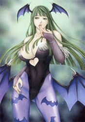  animal_print bad_id bad_pixiv_id bare_shoulders bat_print bat_wings breasts bridal_gauntlets cleavage corrupted_metadata cowboy_shot demon_girl elbow_gloves female fingerless_gloves gloves green_eyes green_hair head_wings juliejulie large_breasts leotard long_hair marker_(medium) morrigan_aensland pantyhose print_pantyhose solo traditional_media vampire_(game) wings 