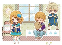  2boys aged_down blonde_hair blue_rose brown_eyes canine commentary_request dress female flower hair_flower hair_ornament halftone im5364 ivan_karelin john_(tiger_&amp;_bunny) karina_lyle keith_goodman lolicon lowres microphone multiple_boys origami_cyclone puppy purple_eyes sandals shorts sky_high_(tiger_&amp;_bunny) tiger_&amp;_bunny 