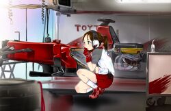  brown_eyes brown_hair car commentary_request female formula_one formula_racer garage gloves headset monitor motor_vehicle on_one_knee race_vehicle racecar raglan_sleeves shima_taka shirt short_ponytail shorts socks solo t-shirt toyota 