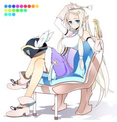  absurdres blue_eyes boots commentary_request dahlia_(rune_factory) dress earrings female hair_ornament hairclip hat highres jewelry long_hair pointy_ears rune_factory rune_factory_3 shinoi sitting solo white_hair 