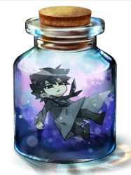  1boy black_eyes black_hair bottle chibi commentary_request emiya_kiritsugu falling fate/zero fate_(series) imme_111 in_bottle in_container long_coat male_focus meme parody photoshop_(medium) pixiv_bottle_(meme) solo submerged 