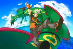  1boy alternate_costume arm_up bad_id bad_pixiv_id bag bandana black_eyes black_hair blue_sky brendan_(pokemon) cloud day dragon eastern_dragon fingerless_gloves flying gloves hat light_smile looking_at_viewer male_focus monster ocean pants pokemon pokemon_(creature) pokemon_emerald pokemon_rse popped_collar rayquaza riding riding_pokemon shoes short_sleeves shoulder_bag sitting sky skyloop19 