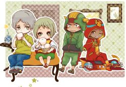  3boys aged_down antonio_lopez baozi blonde_hair car commentary_request denim dragon_kid eating female fire_emblem_(tiger_&amp;_bunny) food green_eyes grey_hair hood hoodie huang_baoling im5364 jeans lolicon lowres motor_vehicle multiple_boys pants rock_bison superhero_costume tiger_&amp;_bunny time_paradox yuri_petrov 