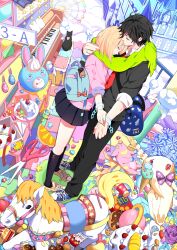  1boy backpack bag cake colorful commentary_request cuffs feline female food green_scarf handcuffs highres ice_cream instrument original piano pig rabbit rocking_horse scarf scissors skirt surreal yuna_(rutera) 