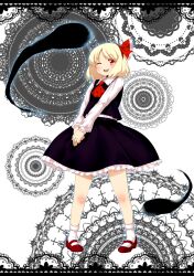  abstract_background bad_id bad_pixiv_id blonde_hair border darkness female hair_ribbon highres lace lace_border mary_janes one_eye_closed orange_eyes ornate_border playn ribbon rumia shoes skirt smile solo touhou v_arms 