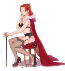  arched_crown bad_id bad_pixiv_id black_thighhighs bra bracelet cane cape crown female full_body garter_belt green_eyes high_heels jewelry lingerie mino_(syoa) nail_polish orange_hair original photoshop_(medium) red_crown ring shoes simple_background solo stool thighhighs underwear white_background 