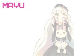  blonde_hair bow character_name dress earrings elbow_gloves female gloves goth_fashion gothic_lolita hair_ornament heart hidari_(left_side) holding jewelry lolita_fashion long_hair mayu_(vocaloid) official_art rabbit solo stuffed_animal stuffed_rabbit stuffed_toy usano_mimi vocaloid yellow_eyes 