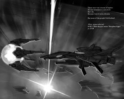  commentary crybringer english_commentary english_text force_(r-type) greyscale irem monochrome no_humans poem r-9a_arrowhead r-9r_iii_sleepless_night r-type science_fiction spacecraft starfighter 