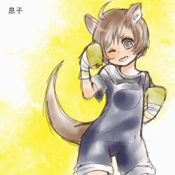  1boy ahoge bad_id bad_pixiv_id boxing_gloves brown_hair grey_eyes junior_(namatamemisa) kangaroo kangaroo_girl lolicon one_eye_closed overalls personification roger_jr. tekken 