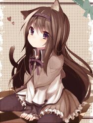  :&lt; akemi_homura akemi_homura_(magical_girl) animal_ears bad_id bad_pixiv_id between_legs black_pantyhose blush brown_hair cat_ears cat_tail female hand_between_legs kemonomimi_mode long_hair magical_girl mahou_shoujo_madoka_magica mahou_shoujo_madoka_magica_(anime) nochita_shin pantyhose purple_eyes sitting skirt solo tail wariza 