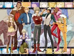  2girls 6+boys antonio_lopez barnaby_brooks_jr. blonde_hair blue_eyes boots brown_eyes brown_hair brown_legwear bruce_lee&#039;s_jumpsuit cabbie_hat commentary_request dark_skin dress earrings glasses green_eyes hat high_kick highres huang_baoling ivan_karelin jacket jewelry kaburagi_t._kotetsu karina_lyle keith_goodman kicking lipstick makeup morisato_yuuji multiple_boys multiple_girls nathan_seymour pink_eyes pink_hair purple_eyes short_hair standing thighhighs tiger_&amp;_bunny vest waistcoat 