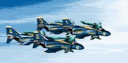  4girls ahoge aircraft airplane blue_angels_(team) clone commentary_request f-4_phantom_ii fighter_jet flying hatsune_miku jet long_hair military military_vehicle multiple_girls rxjx united_states_navy vehicle_focus vocaloid 