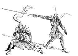  2boys armor dark_souls_(series) dark_souls_i demon&#039;s_souls dragon_slayer_ornstein greyscale helmet lowres menaslg monochrome multiple_boys penetrator_(demon&#039;s_souls) photoshop_(medium) polearm spear sword weapon 