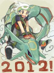  1boy 2012 alternate_costume bandana black_hair brendan_(pokemon) fingerless_gloves flying gloves hat open_mouth pokemon pokemon_(creature) pokemon_rse rayquaza riding riding_pokemon sitting tegaki urouro 