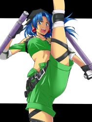  bandeau belt blue_eyes blue_hair commentary_request criss-cross_straps crop_top cropped_shirt dual_wielding earrings female green_shorts holding jewelry kicking letterboxed long_hair maabou midriff navel open_mouth shorts solo tonfa toushinden tracy_(toushinden) weapon white_background 