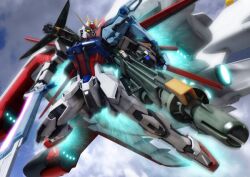  archangel_(gundam) cloud commentary_request dual_wielding energy_sword gatling_gun gun gundam gundam_seed holding mecha no_humans perfect_strike_gundam photoshop_(medium) robographer robot spacecraft strike_gundam sword weapon 