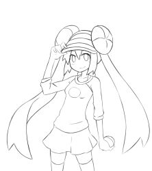  alternate_legwear double_bun doughnut_hair_bun drawfag female greyscale hair_bun holding holding_poke_ball imageboard_desourced line_art long_hair monochrome non-web_source poke_ball pokemon pokemon_bw2 raglan_sleeves rosa_(pokemon) skirt solo twintails visor_cap 