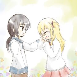  2girls aoi_hana arm_at_side black_hair blonde_hair blush brown_eyes brown_pants clenched_hands closed_eyes comforting commentary_request crying facing_down flower_(symbol) from_side funami_yui hair_ribbon hair_tie hand_on_another&#039;s_face hood hood_down hoodie lilien_kranz long_hair long_sleeves looking_at_another low_ponytail multiple_girls neck_ribbon open_mouth pants parted_lips pink_ribbon pink_skirt ribbon shirt skirt sleeve_cuffs sleeves_past_wrists tears toshinou_kyouko two-tone_hoodie white_background white_hoodie white_shirt wiping_tears yuru_yuri 