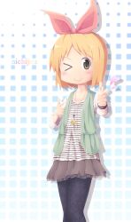  annaka_haruna black_pantyhose blonde_hair bow casual commentary_request copyright_name female finger_gun hairbow heart hiroki_eiki jewelry necklace nichijou one_eye_closed pantyhose shirt short_hair skirt smile solo star_(symbol) star_print striped_clothes striped_shirt 