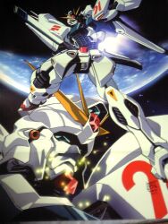  1990s_(style) close-up earth_(planet) f91_gundam gundam gundam_f91 holding holding_weapon mecha multiple_views no_humans official_art oobari_masami planet retro_artstyle robot scan scan_artifacts signature space weapon 