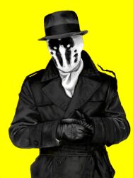  1boy ascot coat gloves hat male_focus mask monochrome no7 oekaki rorschach simple_background solo tegaki trench_coat watchmen yellow_background 