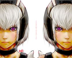  2girls bad_id bad_pixiv_id bare_shoulders blush choker dark-skinned_female dark_skin grey_hair hebina_masayoshi lips maid_headdress multiple_girls phantasy_star phantasy_star_online portrait purple_eyes racaseal serious short_hair signature simple_background symmetry translation_request white_background 