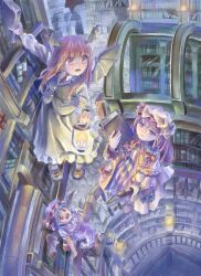  3girls bad_id bad_pixiv_id bat_wings blue_hair book bookshelf crescent crescent_hat_ornament floating hat hat_ornament head_wings highres implied_pantyshot jitome koakuma lantern library long_hair long_sleeves looking_up multiple_girls nagayo open_mouth patchouli_knowledge purple_eyes purple_hair red_eyes red_hair remilia_scarlet room short_hair sitting smile touhou voile wings 