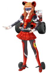  blush boots car commentary_request female ferrari formula_one frills gacha-m hand_on_own_hip head-mounted_display highres juliet_sleeves long_hair long_sleeves motor_vehicle orange_hair pantyhose personification photoshop_(medium) product_placement puffy_sleeves race_vehicle racecar solo thigh_boots thighhighs wavy_hair wheel 