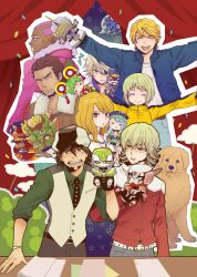  2girls 6+boys antonio_lopez barnaby_brooks_jr. blonde_hair blue_rose brown_hair cabbie_hat canine character_doll commentary_request confetti curtains dark_skin dragon_kid dress green_eyes hat huang_baoling im5364 ivan_karelin jacket john_(tiger_&amp;_bunny) kaburagi_t._kotetsu karina_lyle keith_goodman lunatic_(tiger_&amp;_bunny) multiple_boys multiple_girls nathan_seymour origami_cyclone pink_hair red_jacket rock_bison tiger_&amp;_bunny vest waistcoat wild_tiger 