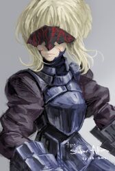  armor armored_dress artoria_pendragon_(fate) blonde_hair commentary_request covered_eyes dress fate/stay_night fate_(series) female figma gauntlets highres saber_alter solo visor_(armor) wintrynoir 