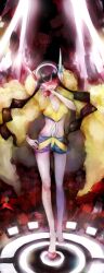  bad_id bad_pixiv_id black_hair blue_eyes coat elesa_(pokemon) female fur_coat hand_on_own_hip headphones highres holding holding_poke_ball long_hair midriff nail_polish no_socks poke_ball pokemon pokemon_bw2 ryuuama shorts solo stage standing sunglasses toe_cleavage visor 