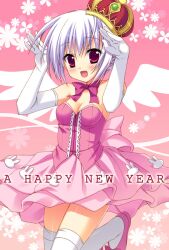  arched_crown bare_shoulders bow breasts cleavage commentary_request crown dress elbow_gloves female gloves happy_new_year moribe_(rabumanyo) new_year original photoshop_(medium) rabbit_pose red_crown small_breasts solo thighhighs white_thighhighs 