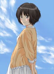  amagami blush bob_cut brown_eyes brown_hair cloud commentary_request day dress female keisuke_(0320030103200301) light_smile looking_back short_hair sky solo tachibana_miya 