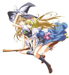  2girls alice_margatroid black_legwear blonde_hair blue_eyes broom broom_riding brown_hair commentary_request dorago hairband hand_on_headwear hat kirisame_marisa kneehighs long_hair multiple_girls multiple_riders shoes short_hair simple_background socks touhou white_background white_legwear witch_hat 