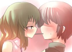  blush brown_hair commentary_request faceless faceless_male female food gaoo_(frpjx283) green_eyes green_hair hair_ornament hair_ribbon imminent_kiss kochiya_sanae pocky pocky_kiss ribbon shared_food straight touhou 